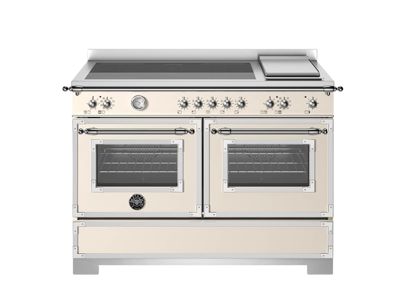 Stainless steel kitchen range with dual ovens on a white background