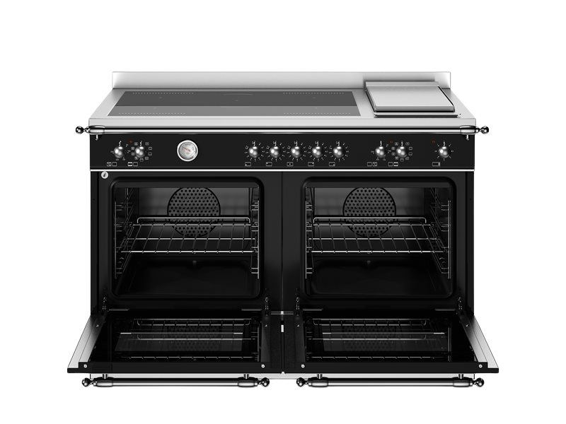 Black kitchen stove with open doors on a white background