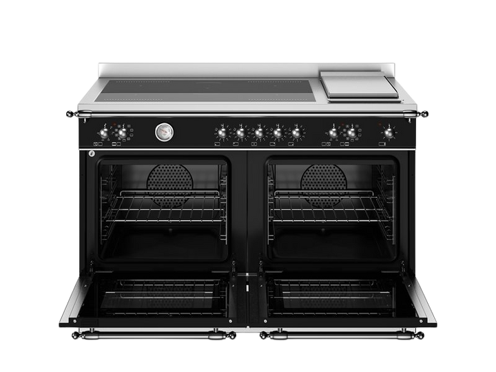Black kitchen stove with open doors on a white background