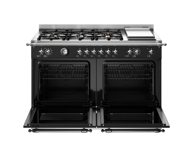 Black freestanding range with gas cooktop and ovens on a white background
