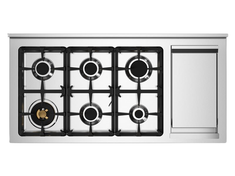 Stainless steel gas cooktop with four burners on a white background