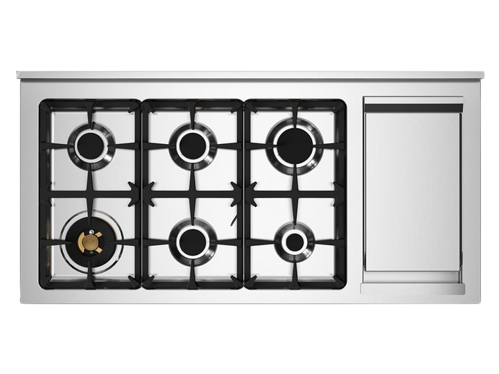 Stainless steel gas cooktop with four burners on a white background