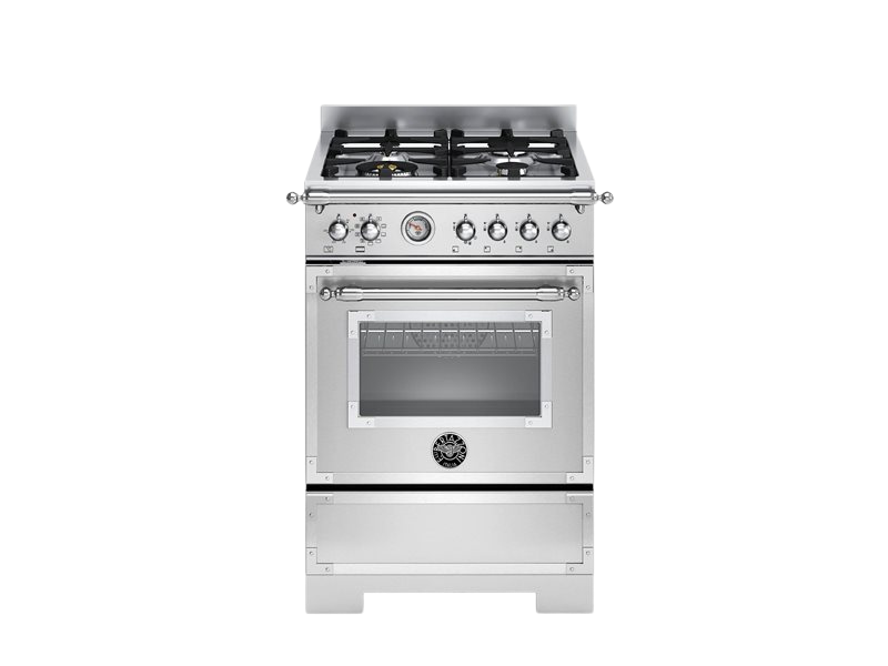 A stainless steel freestanding gas range stove with a glass oven door, six burners, and multiple control knobs on the front panel, shown against a plain white background.