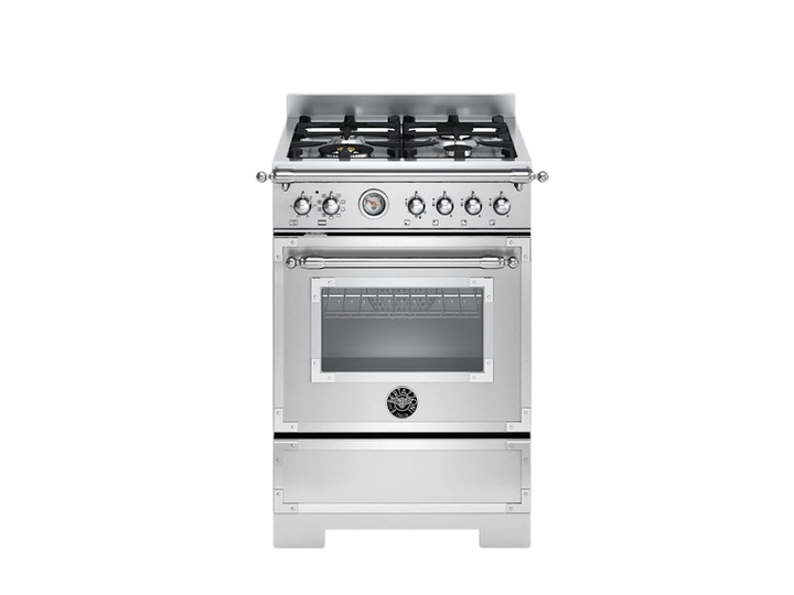 A stainless steel freestanding gas range stove with a glass oven door, six burners, and multiple control knobs on the front panel, shown against a plain white background.