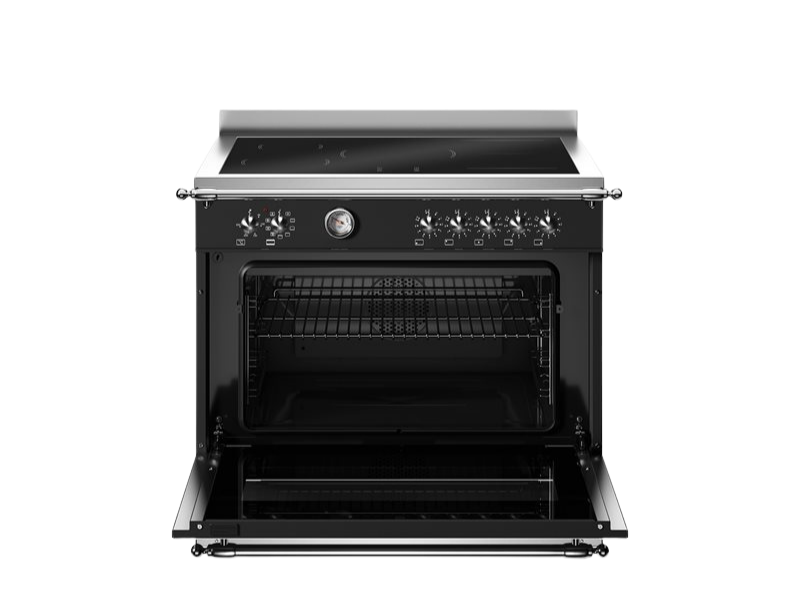 Black oven with open door on a white background