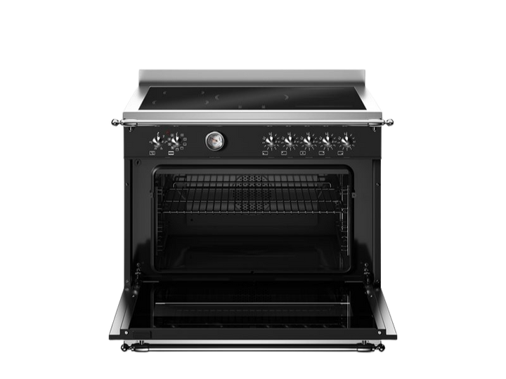 Black oven with open door on a white background