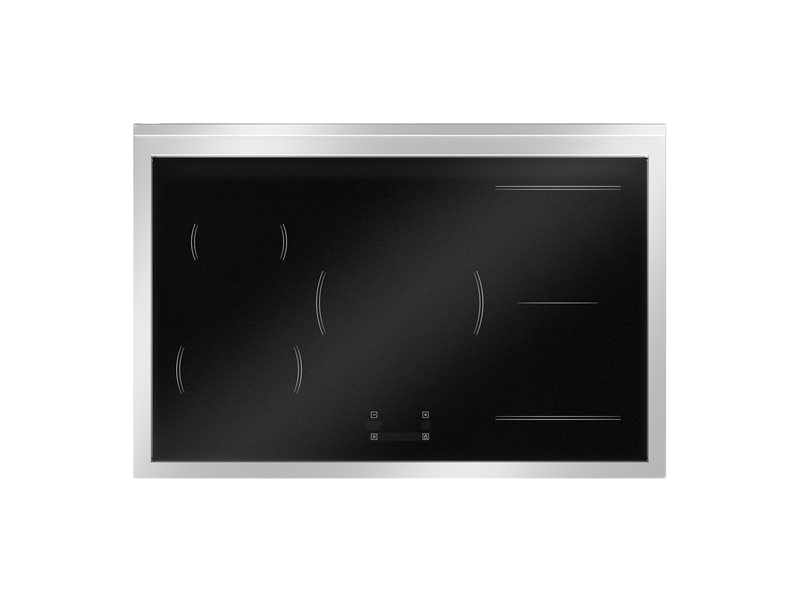 Stainless steel electric cooktop with black glass surface on a white background