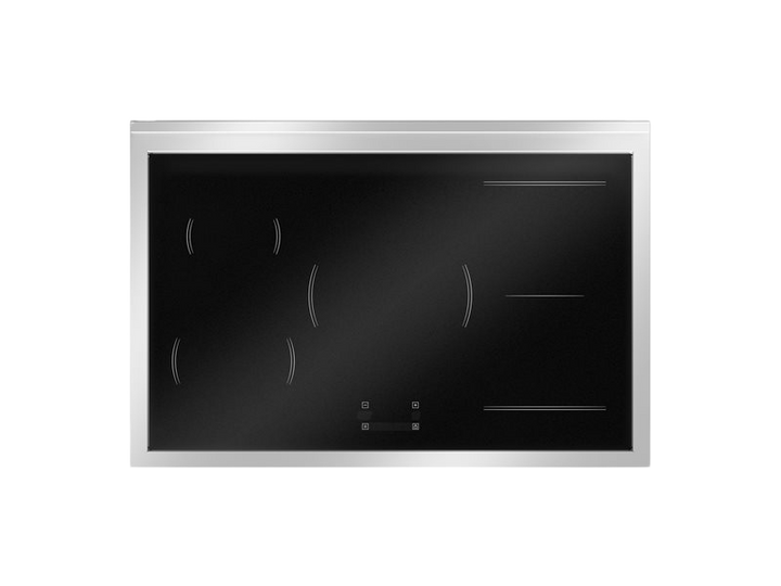 Stainless steel electric cooktop with black glass surface on a white background