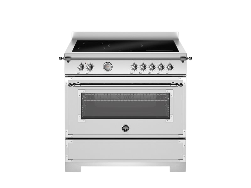 White kitchen stove with black cooktop on a white background