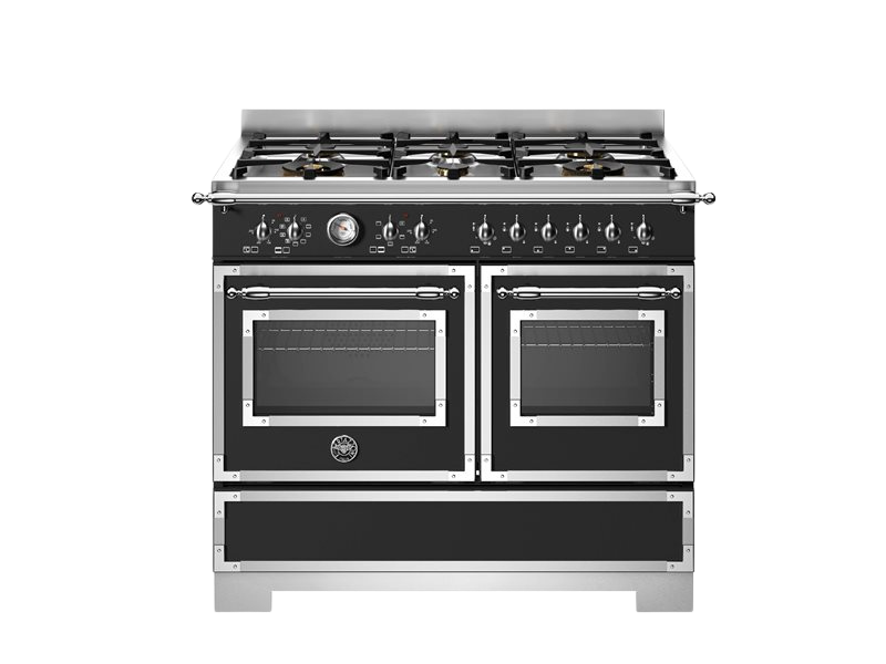 Stainless steel range with gas cooktop on a white background