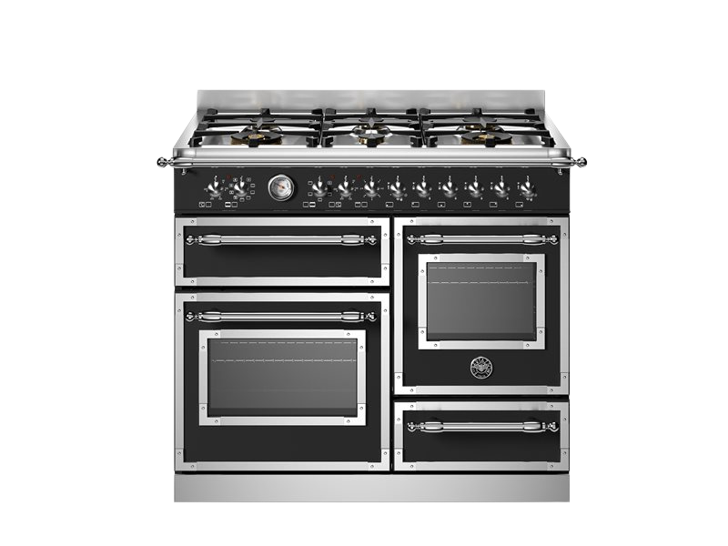Stainless steel kitchen range with gas cooktop on a white background