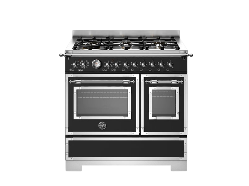 Black and silver stove with gas burners on a white background
