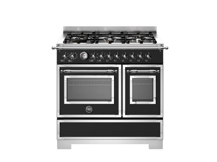 Black and silver stove with gas burners on a white background