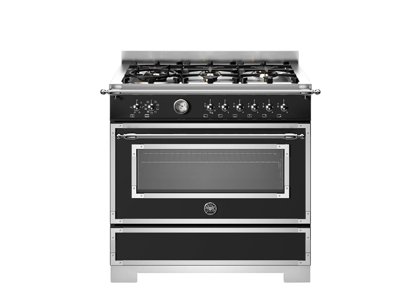 Black stove with silver trim on a white background