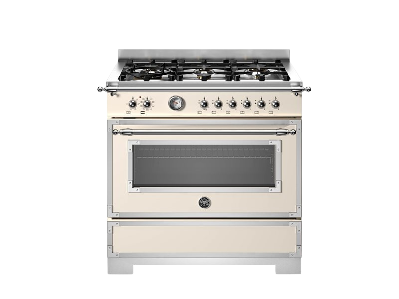 Stove with gas cooktop and oven on a white background