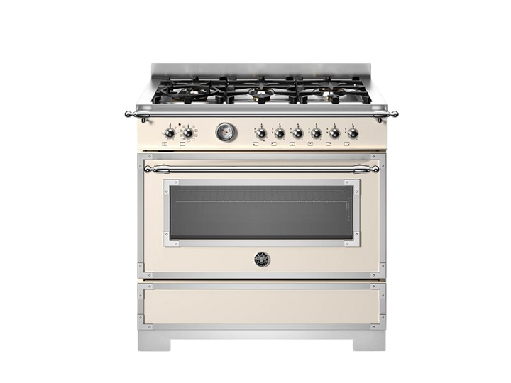 Stove with gas cooktop and oven on a white background