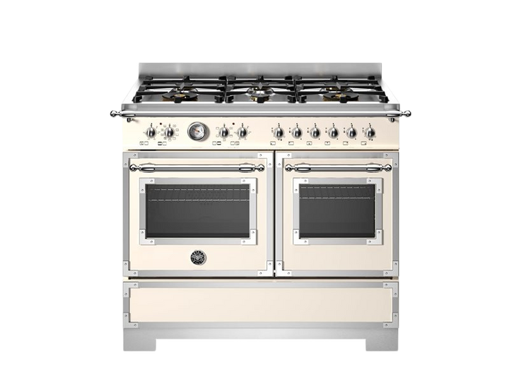 White gas stove with four burners and two ovens on a white background