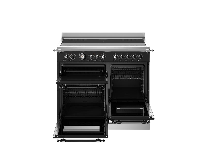 Stainless steel kitchen range with open oven and grill on a white background