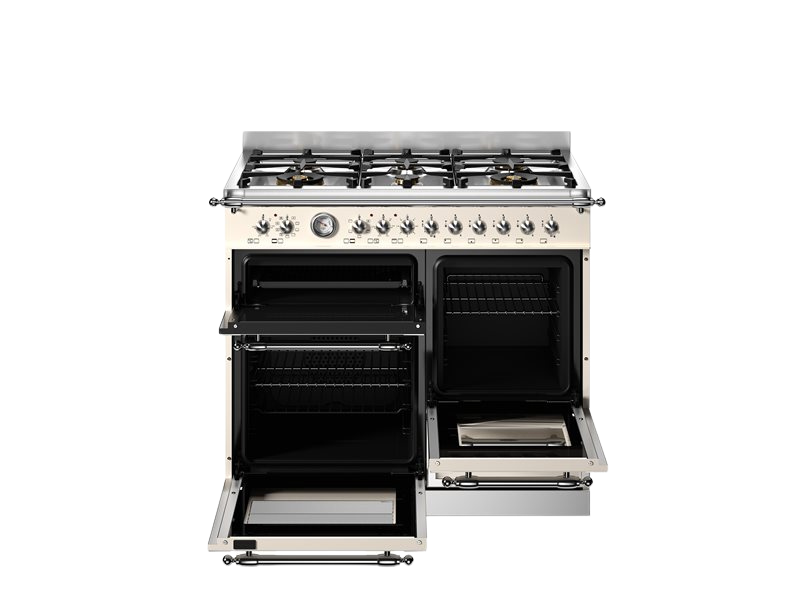 Stainless steel kitchen range with gas cooktop and ovens on a white background