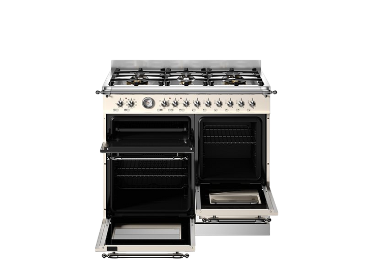 Stainless steel kitchen range with gas cooktop and ovens on a white background