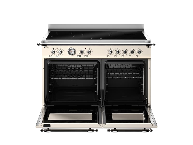 Stainless steel kitchen range with open doors on a white background