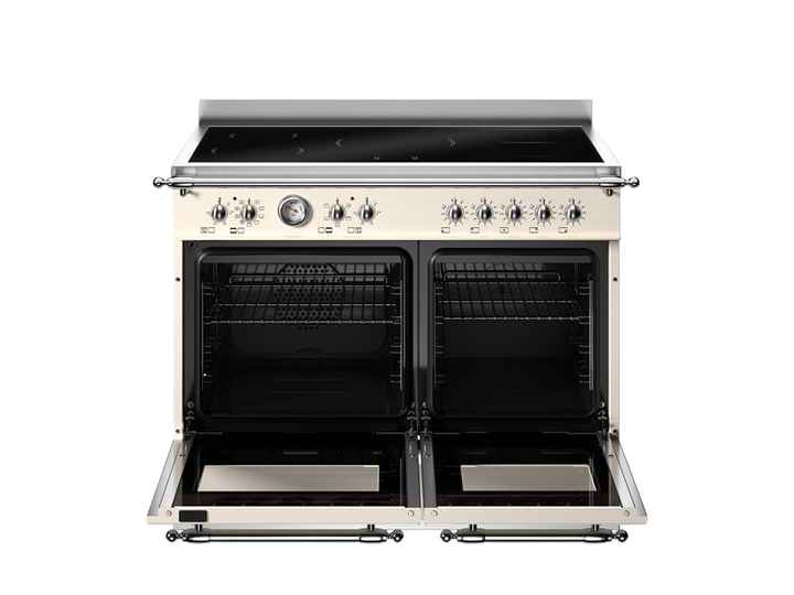 Stainless steel kitchen range with open doors on a white background