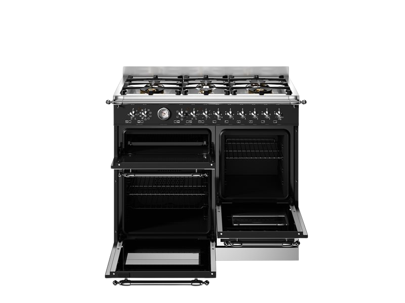 Stainless steel gas range with open doors on a white background