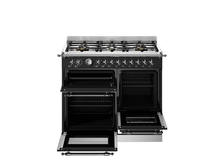 Stainless steel gas range with open doors on a white background