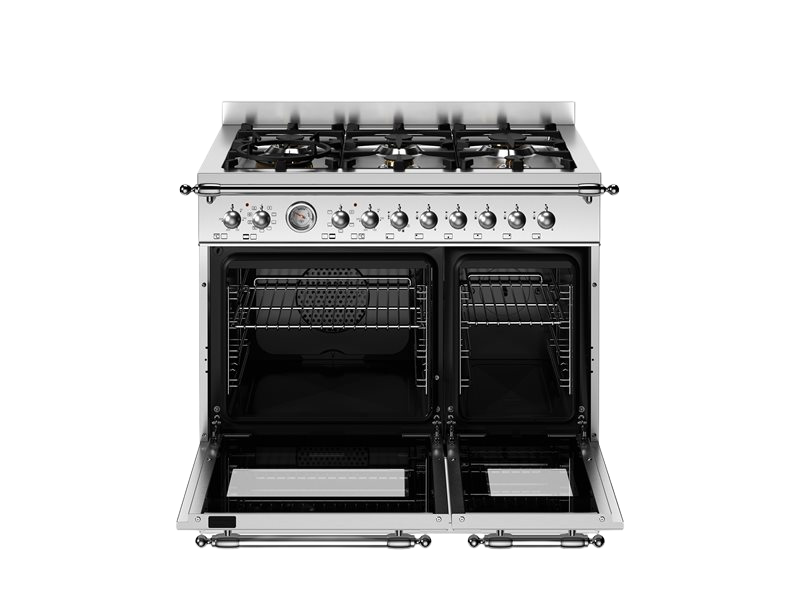 Stainless steel kitchen range with gas cooktop and ovens on a white background