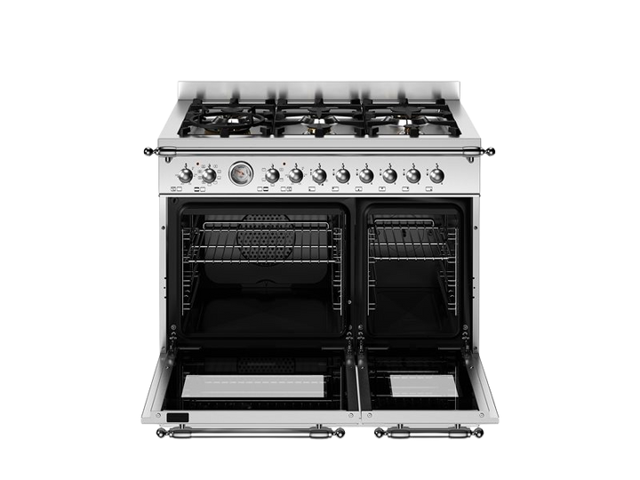 Stainless steel kitchen range with gas cooktop and ovens on a white background