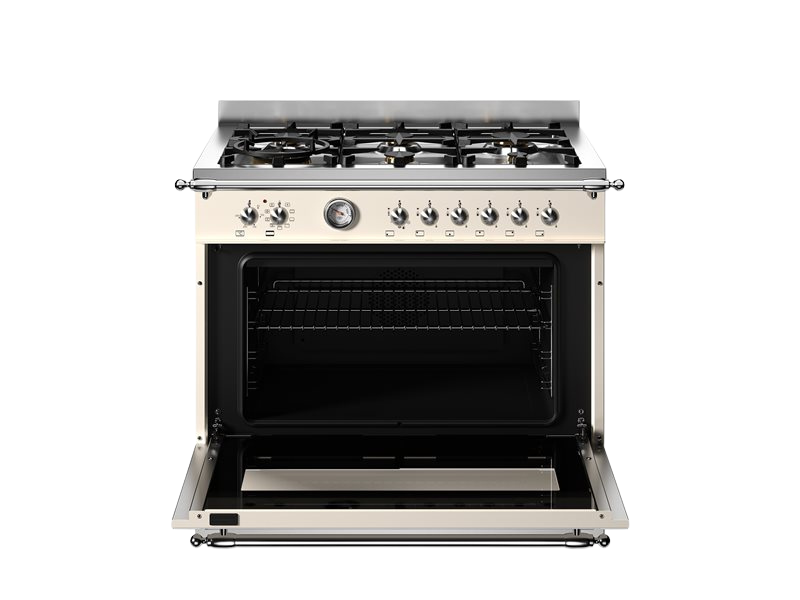 Stainless steel gas range with open oven door on a white background
