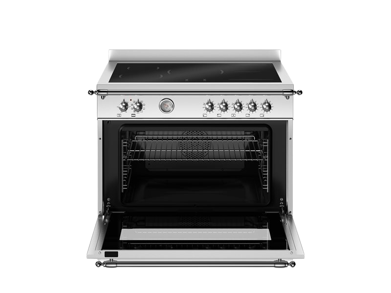 Stainless steel oven with open door on a white background