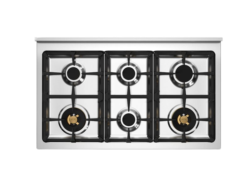 Stainless steel gas stove with four burners on a white background