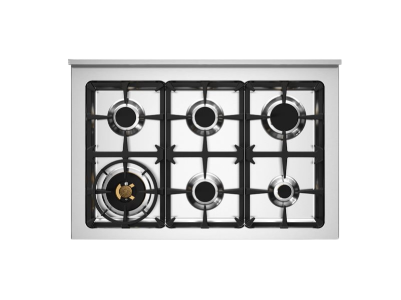 Stainless steel gas stove with five burners on a white background