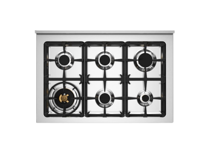 Stainless steel gas stove with five burners on a white background