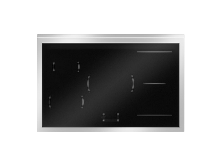 Stainless steel electric cooktop with black glass surface on a white background