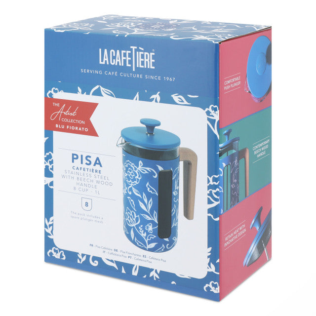 La Cafetière Pisa 8 Cup 1L Stainless Steel Cafetiere in Blu Fiorato