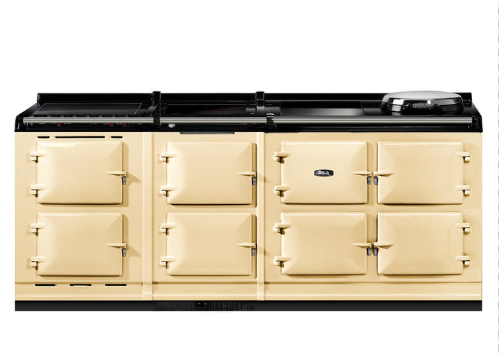 Linen Aga er7i 210cm kitchen range cooker with black cooktop on a white background