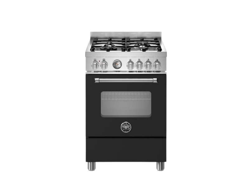A freestanding gas range stove with a black oven body, stainless steel control panel and backplate, and a glass oven door, shown on a plain white background.