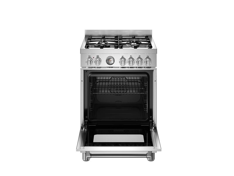 Stainless steel gas range with open oven door on a white background