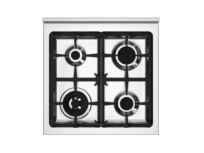 Stainless steel gas cooktop with four burners on a white background
