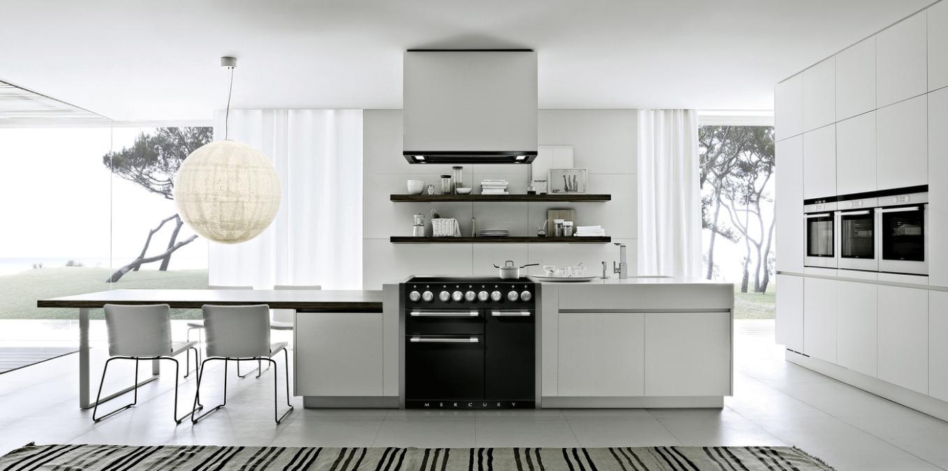 Black Mercury range cooker in a modern white kitchen between two counters