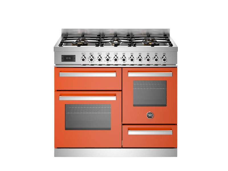 bertazzoni triple oven range cooker, professional series in orange with gas top. Sitting in front of a white background