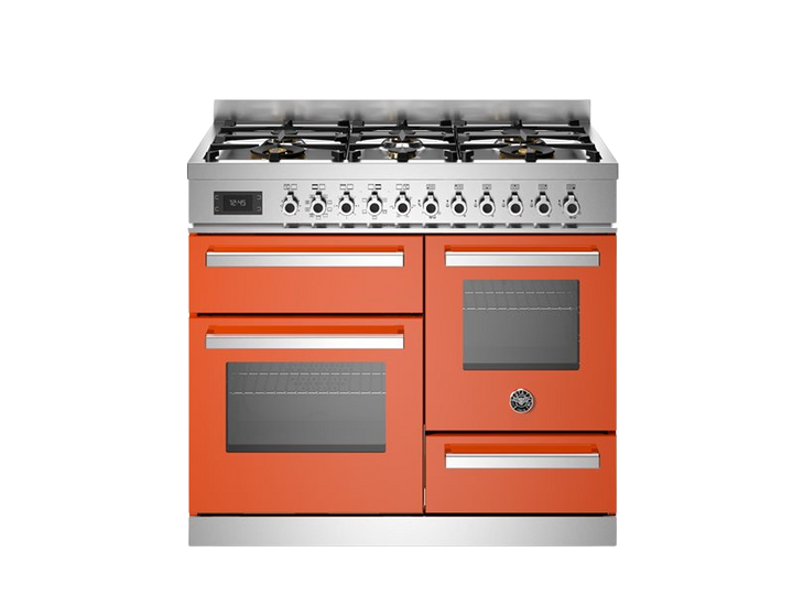 bertazzoni triple oven range cooker, professional series in orange with gas top. Sitting in front of a white background