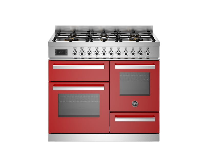 bertazzoni range cooker professional series in red with gas top in front of a white background