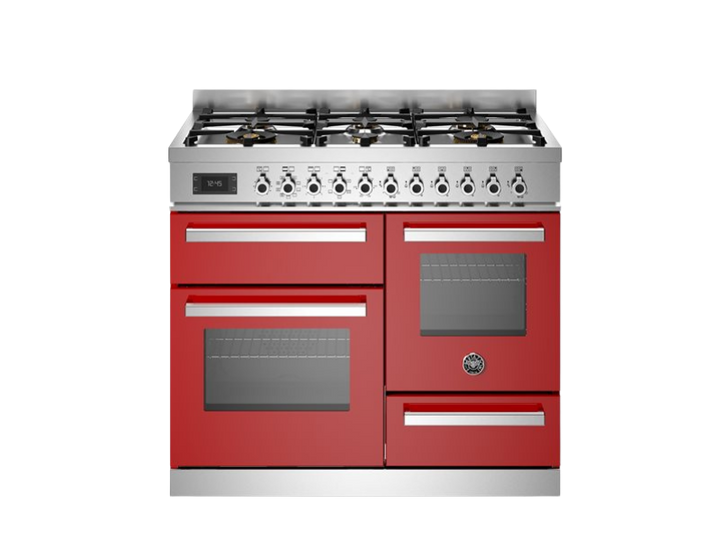 bertazzoni range cooker professional series in red with gas top in front of a white background