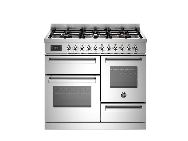 bertazzoni triple oven range cooker in stainless steel with gas top in front of a white background