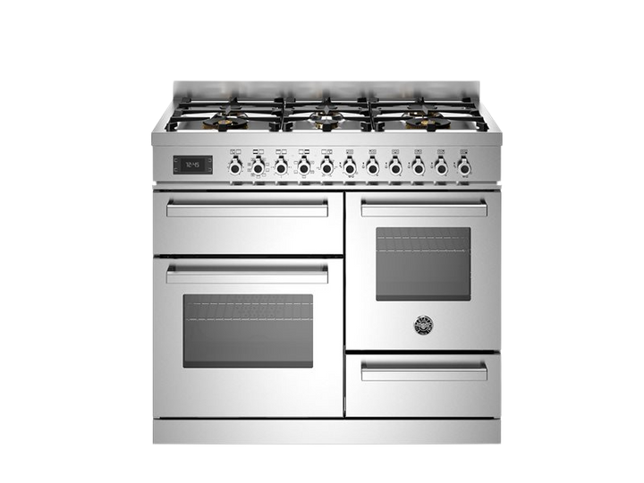 bertazzoni triple oven range cooker in stainless steel with gas top in front of a white background