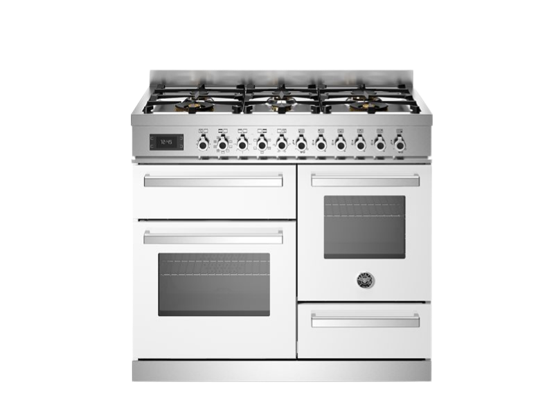bertazzoni range cooker professional series in white with gas top in front of a white background
