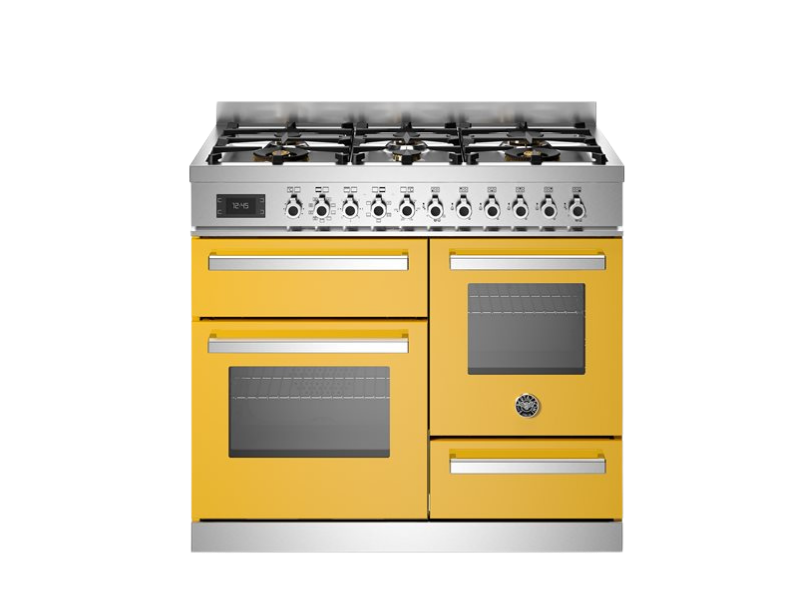 bertazzoni professional series range cooker in yellow with gas hob in front of a white background